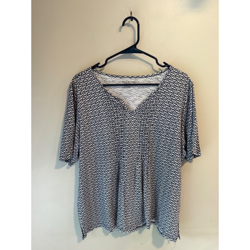 Talbots Plus‎ Petite 2XP Navy Blue White Geometric Diamond Split Neck Top Shirt